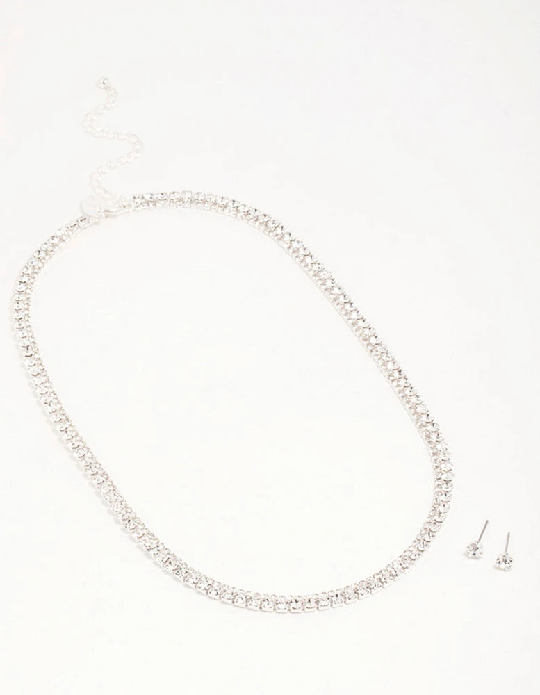 Silver Diamante Tennis Necklace & Earrings Set