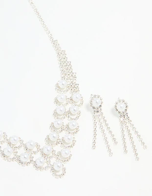 Silver Pearl Diamante Halo Vine Necklace & Earrings Set