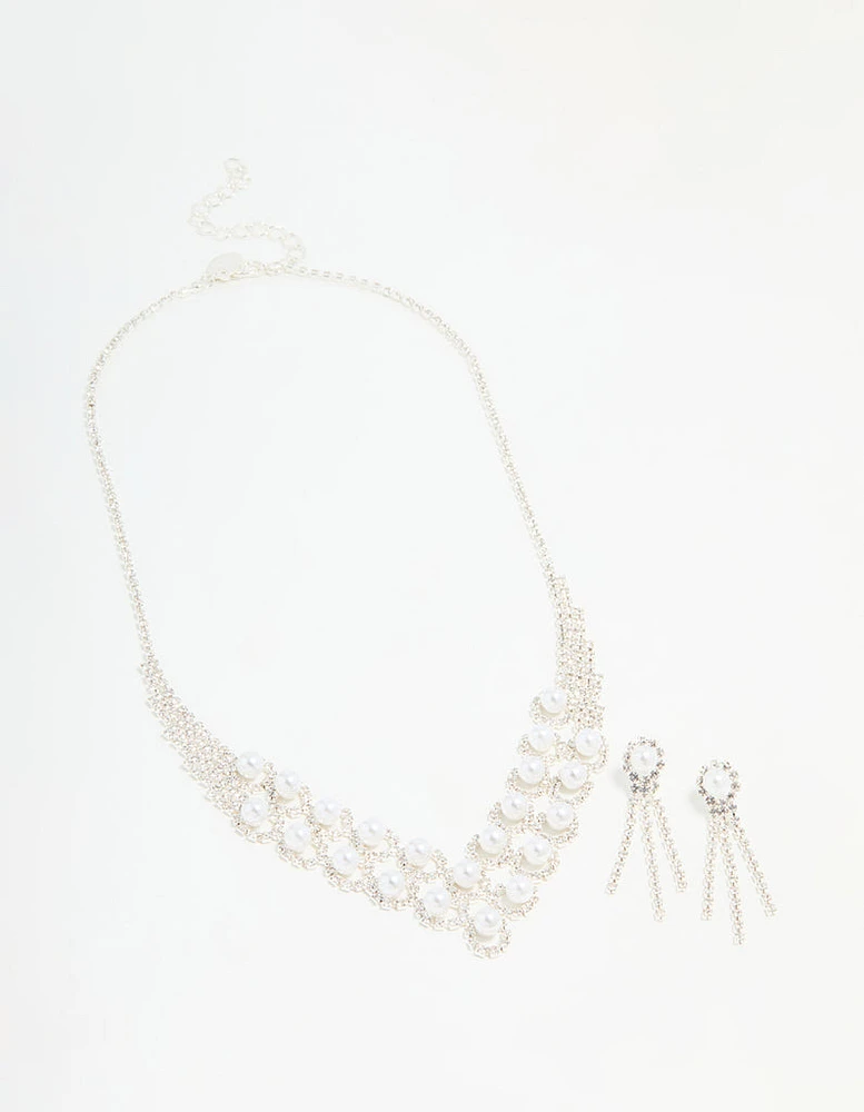 Silver Pearl Diamante Halo Vine Necklace & Earrings Set