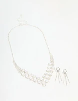 Silver Pearl Diamante Halo Vine Necklace & Earrings Set