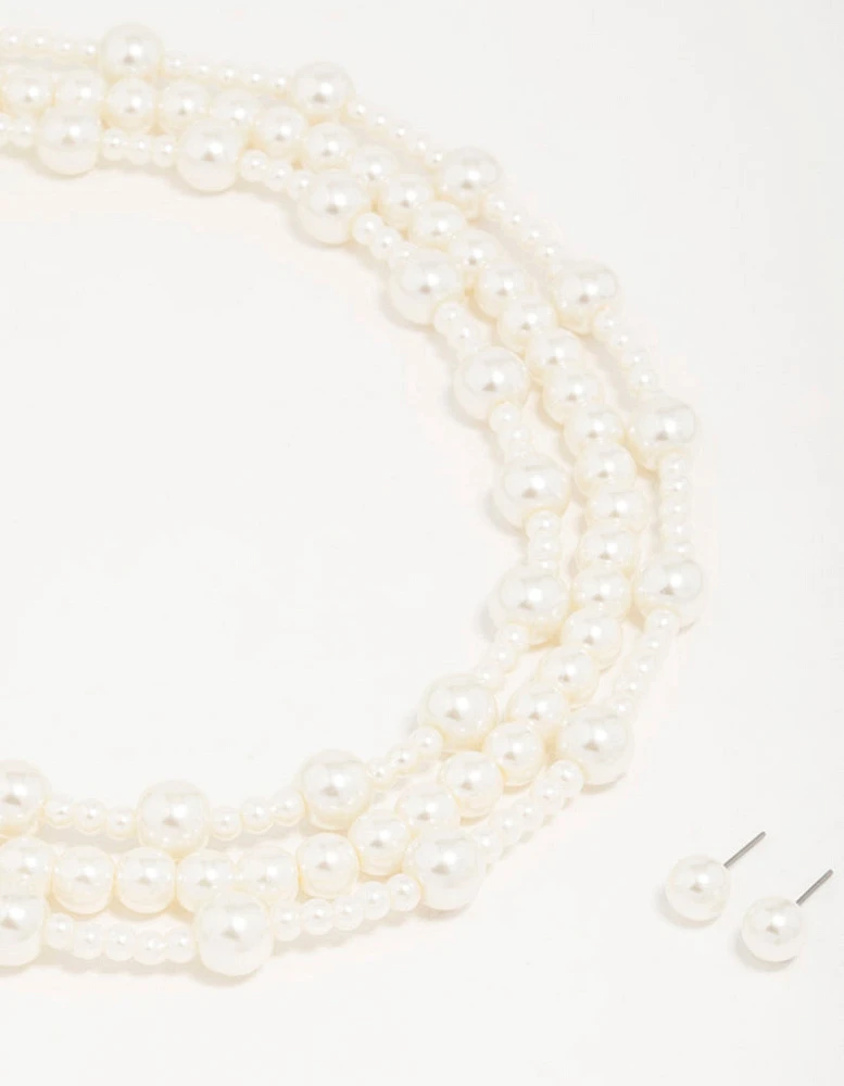Silver Pearl Layered Necklace & Earrings Set