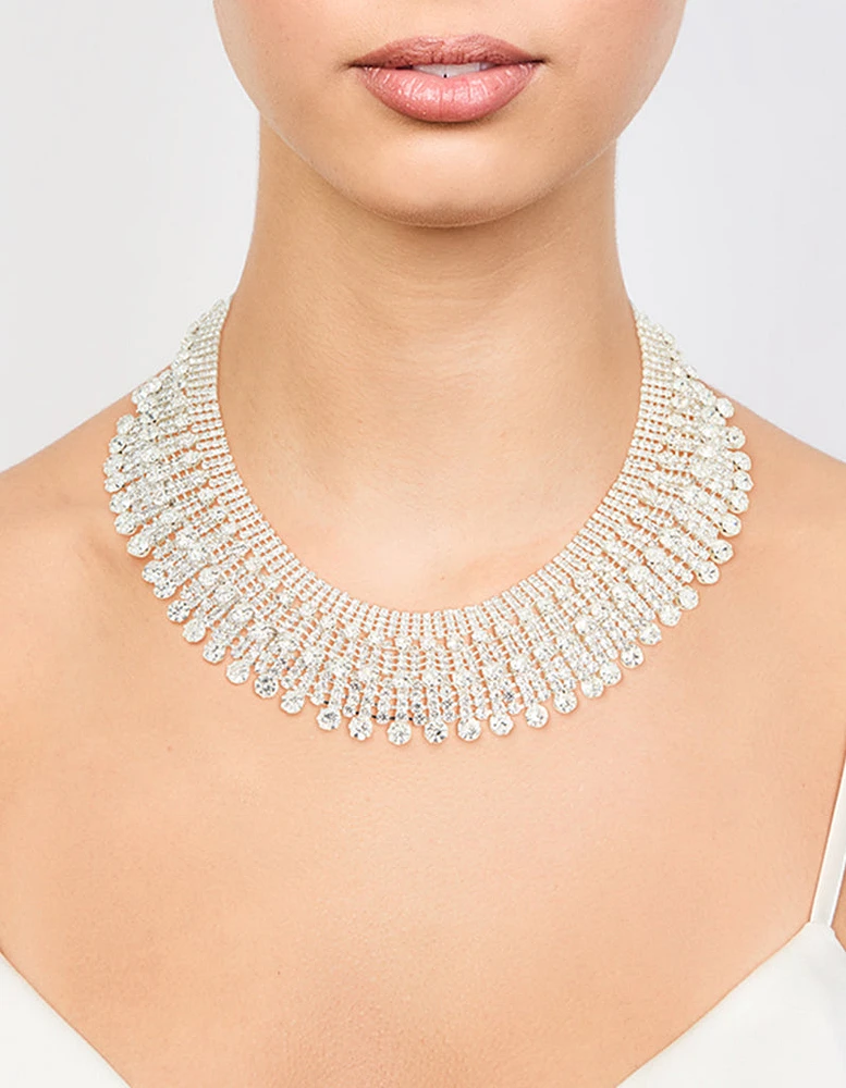 Silver Diamante Fan Cupchain Bib Necklace