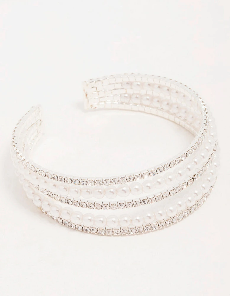 Silver Diamante & Pearl Alternating Cupchain Wrist Cuff