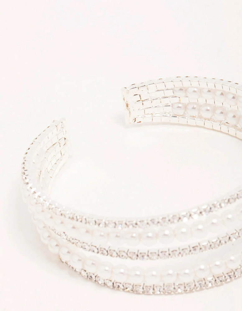 Silver Diamante & Pearl Alternating Cupchain Wrist Cuff