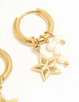 Waterproof Gold Plated Stainless Steel Pearl Star Huggie Earrings