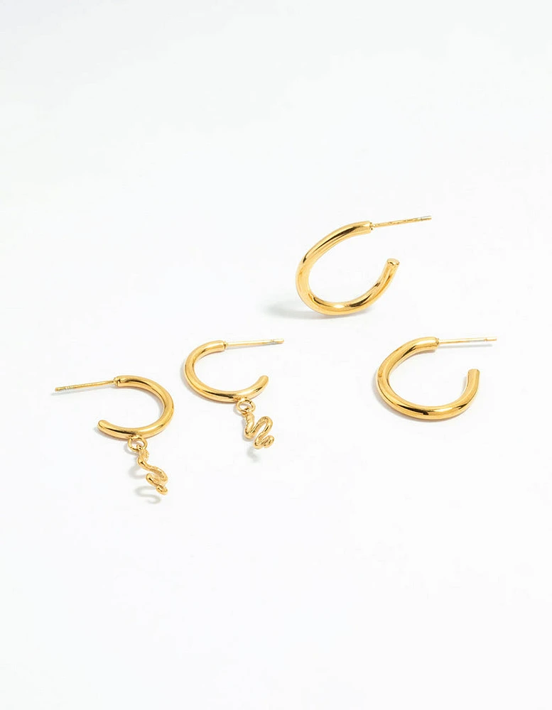 Waterproof Gold Plated Stainless Steel Sleek & Snake Charm Hoop Earrings 2-Pack