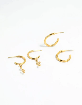 Waterproof Gold Plated Stainless Steel Sleek & Snake Charm Hoop Earrings 2-Pack