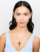 Antique Silver Turquoise Stone Cross Pendant Necklace