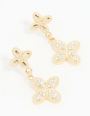 Gold Diamante Double Flower Drop Earrings