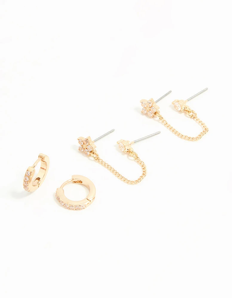 Gold Cubic Zirconia Chain & Flower Huggie Earrings 2-Pack