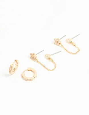 Gold Cubic Zirconia Chain & Flower Huggie Earrings 2-Pack