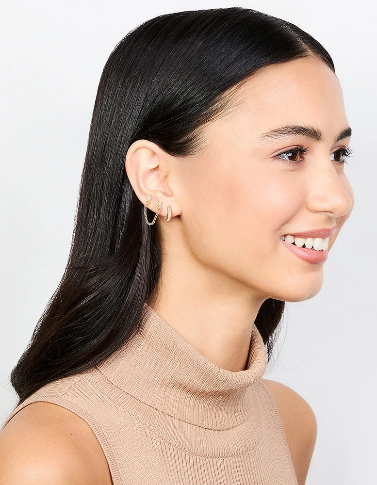 Gold Cubic Zirconia Chain & Flower Huggie Earrings 2-Pack
