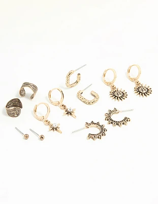Antique Gold Sun & Star Huggie & Stud Earrings 6-Pack