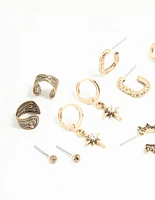 Antique Gold Sun & Star Huggie & Stud Earrings 6-Pack