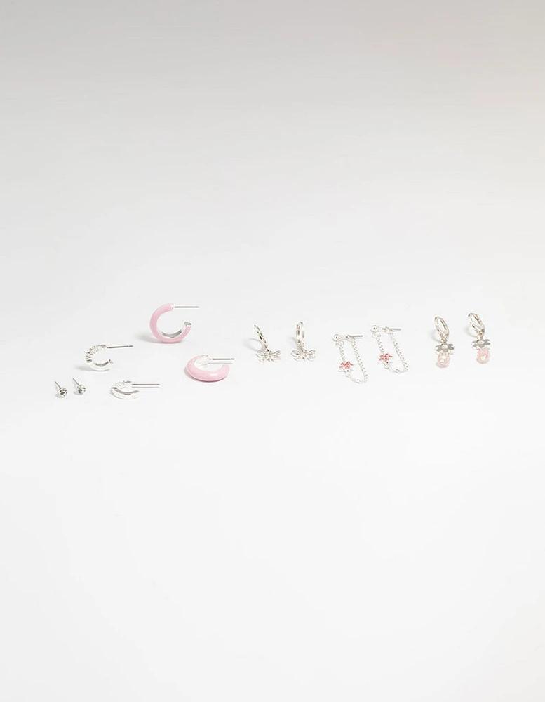 Silver Flower & Butterfly Mixed Earring Stack 6-Pack