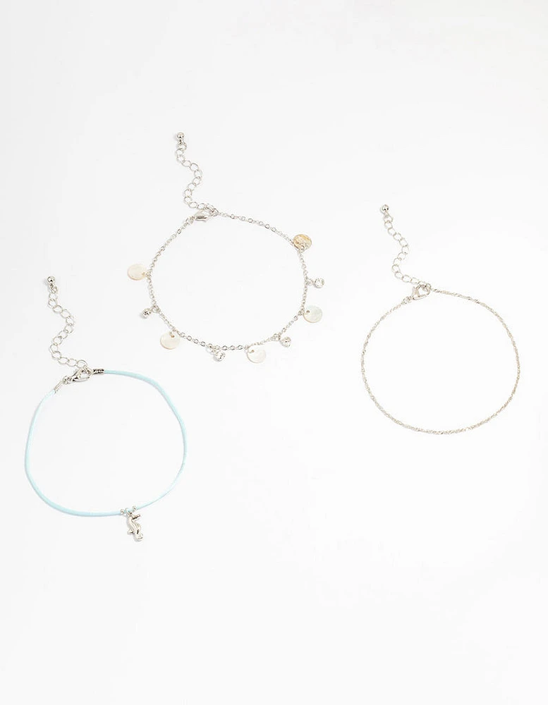 Silver Genuine Shell Seahorse Anklets 3-Pack