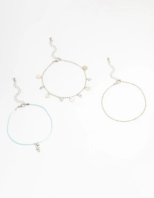 Silver Genuine Shell  Seahorse  Anklets 3-Pack