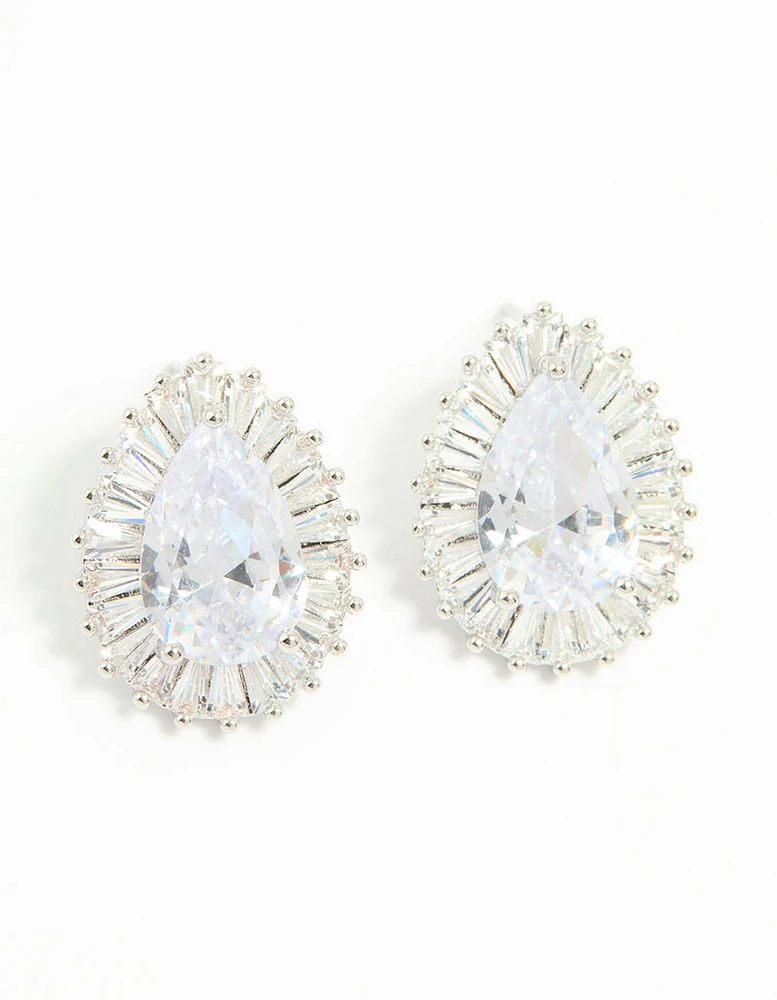 Silver Cubic Zirconia Pear Statement Stud Earrings