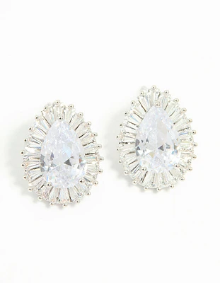 Silver Cubic Zirconia Pear Statement Stud Earrings