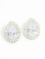 Silver Cubic Zirconia Pear Statement Stud Earrings