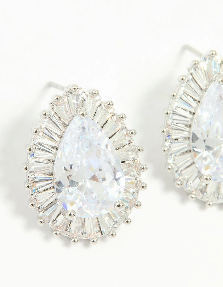 Silver Cubic Zirconia Pear Statement Stud Earrings