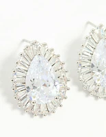 Silver Cubic Zirconia Pear Statement Stud Earrings