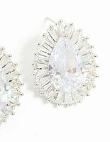 Silver Cubic Zirconia Pear Statement Stud Earrings