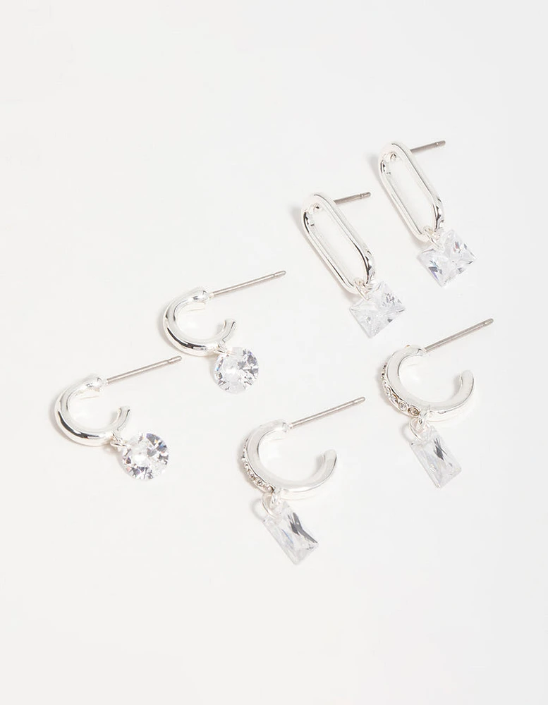 Silver Cubic Zirconia Mixed Shape Drop Earrings 3-Pack
