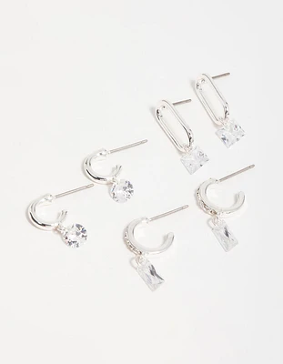 Silver Cubic Zirconia Mixed Shape Drop Earrings 3-Pack