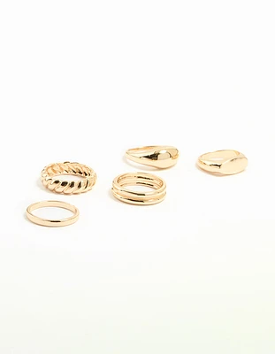 Gold Signet & Twist Rings 5-Pack