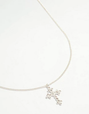 Silver Plated Diamante Rose Cross Pendant Necklace