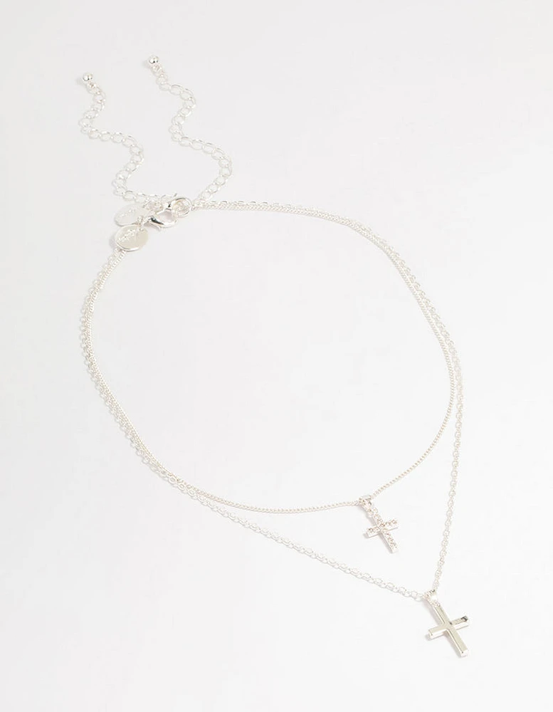 Silver Plated Cubic Zirconia & Plain Cross Layered Necklace