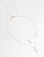Silver Plated Cubic Zirconia & Plain Cross Layered Necklace