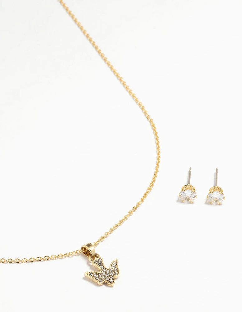 Gold Plated Dove Pendant Necklace & Stud Earrings Set