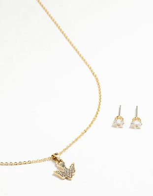 Gold Plated Dove Pendant Necklace & Stud Earrings Set