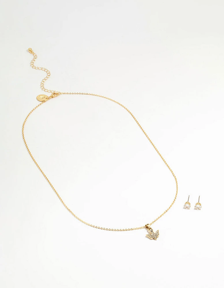 Gold Plated Dove Pendant Necklace & Stud Earrings Set