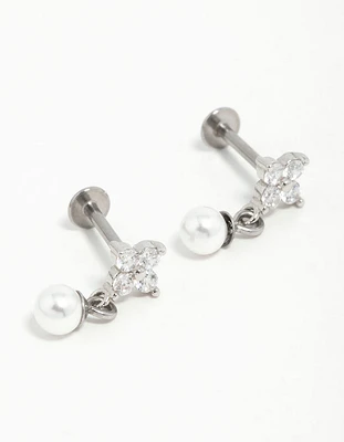 Surgical Steel Pearl Cubic Zirconia Flower Flat Back Earrings