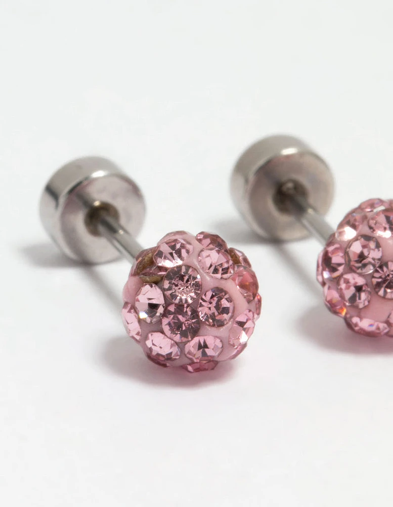 Kids Surgical Steel Pink Diamante Flat Back Earrings