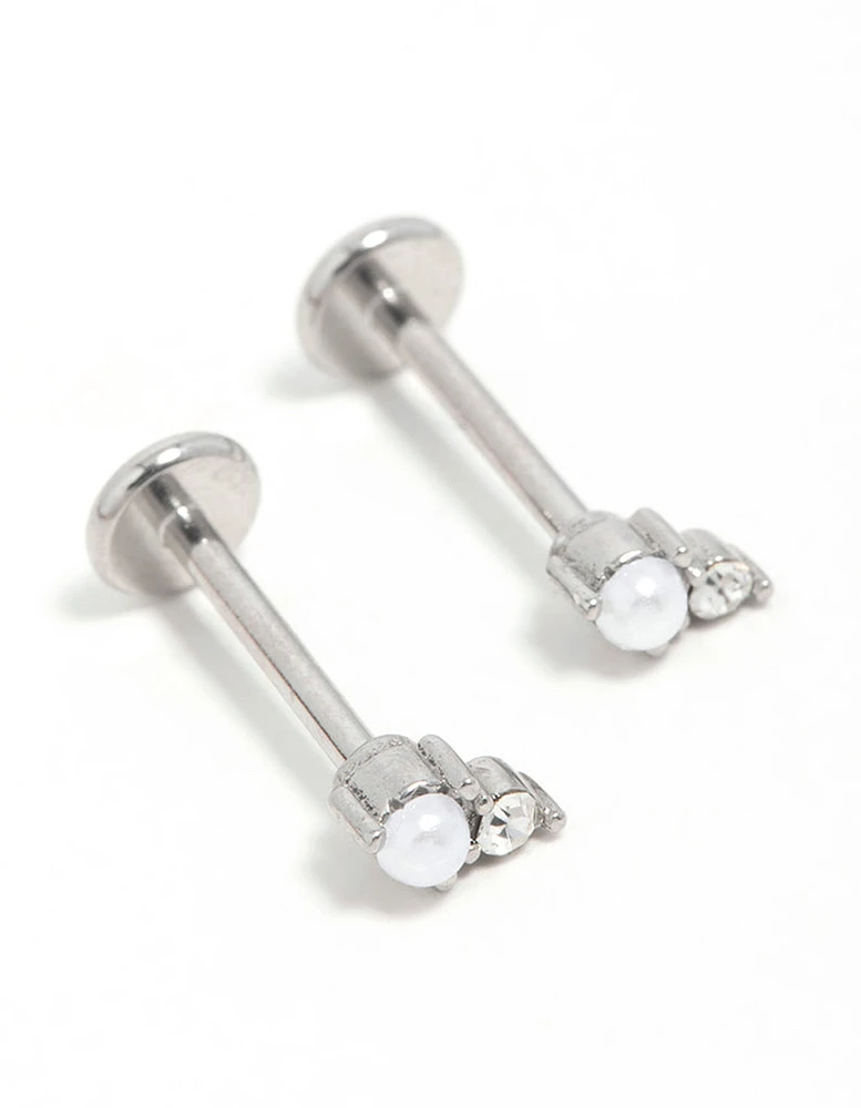 Surgical Steel Pearl Diamante Flat Back Earrings