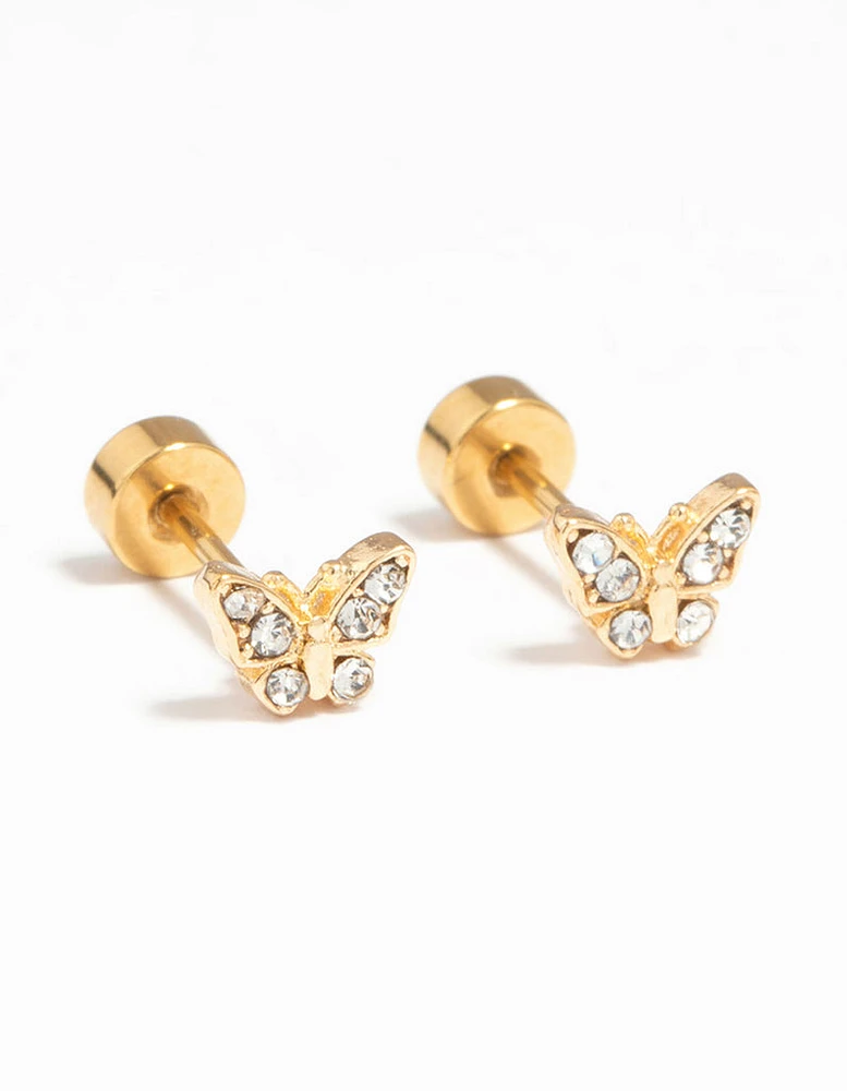 Kids Gold Plated Surgical Steel Diamante Butterfly Flat Back Earrings