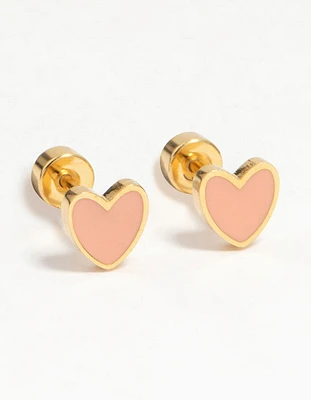 Kids Gold Plated Surgical Steel Heart Flat Back Earrings