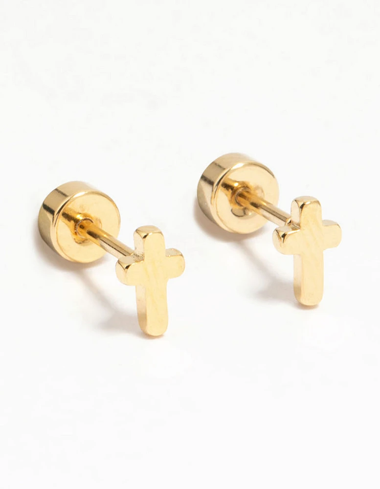 Kids Gold Plated Surgical Steel Cross Flat Back Earrings