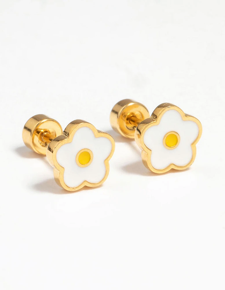 Kids Gold Plated Surgical Steel Flower Flat Back Earrings