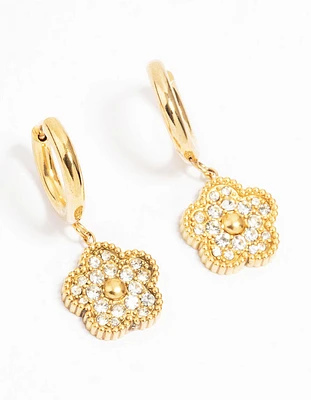 Waterproof Gold Plated Stainless Steel Cubic Zirconia Flower Drop Hoop Earrings