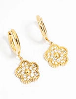 Waterproof Gold Plated Stainless Steel Cubic Zirconia Flower Drop Hoop Earrings