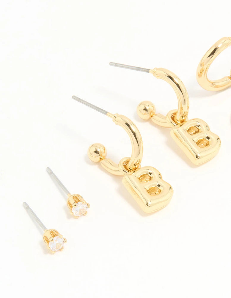 Gold Plated Cubic Zirconia Letter B Stud & Hoop Earrings 4-Pack
