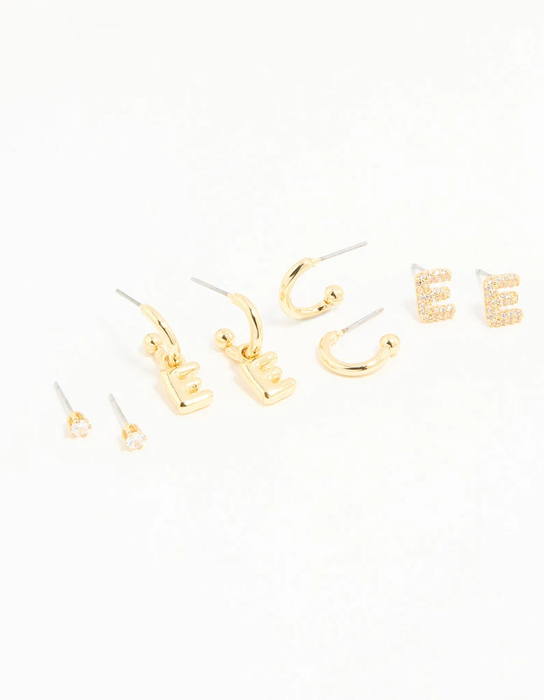 Gold Plated Cubic Zirconia Letter E Stud & Hoop Earrings 4-Pack