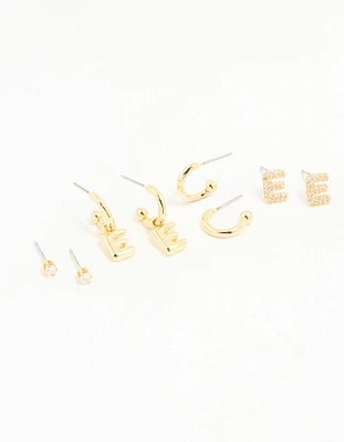 Gold Plated Cubic Zirconia Letter E Stud & Hoop Earrings 4-Pack