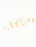 Gold Plated Cubic Zirconia Letter E Stud & Hoop Earrings 4-Pack