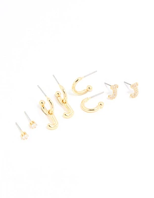 Gold Plated Cubic Zirconia Letter J Stud & Hoop Earrings 4-Pack